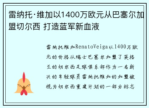 雷纳托·维加以1400万欧元从巴塞尔加盟切尔西 打造蓝军新血液