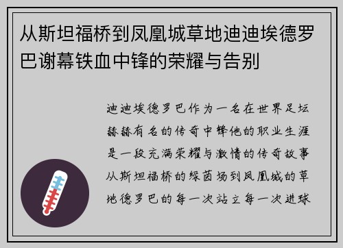 从斯坦福桥到凤凰城草地迪迪埃德罗巴谢幕铁血中锋的荣耀与告别